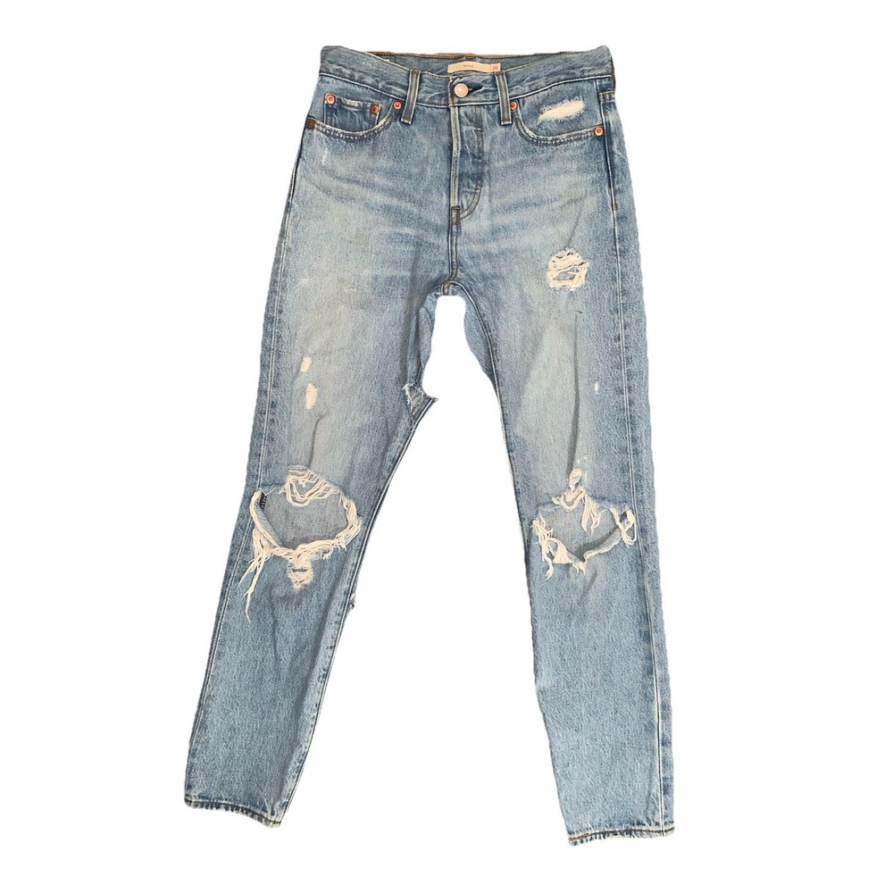 Levis Wedgie Straight Jeans Womens 26 Light Wash High Rise Button Fly Distressed
